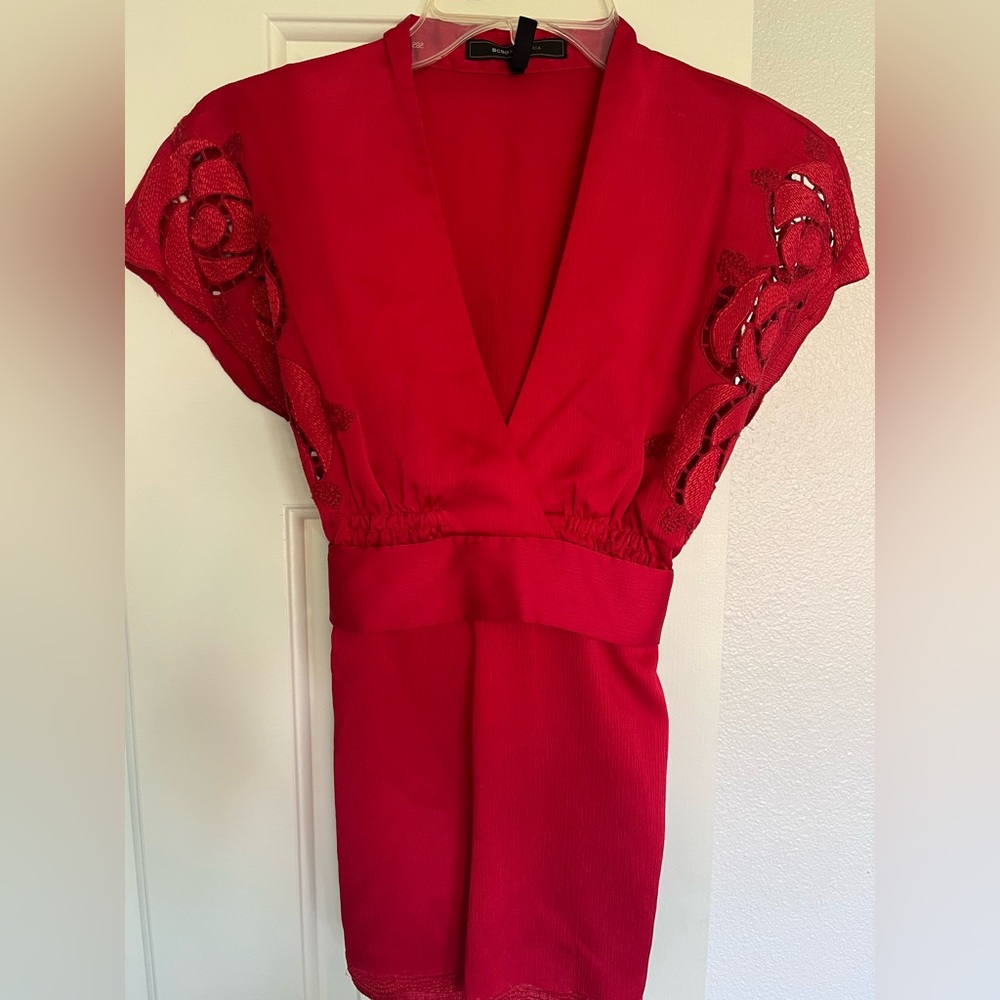 Elegant Red Blouse with Lace-Style Sleeves